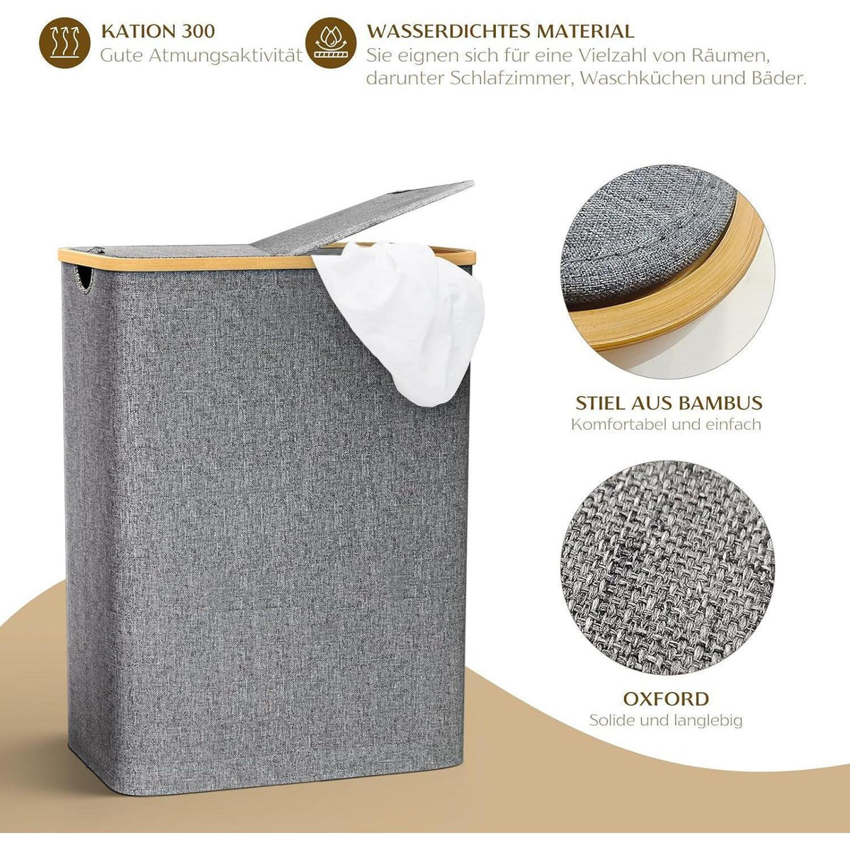 Wäschekorb mit Deckel & Wäschesack – 140L, Grau