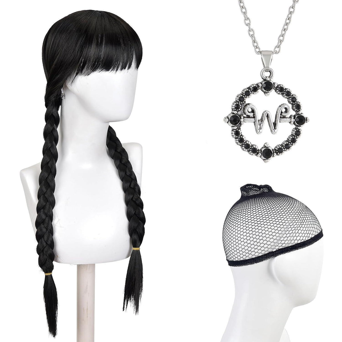 Mittwoch Cosplay Perücke mit Halskette – Schwarz mit Pony