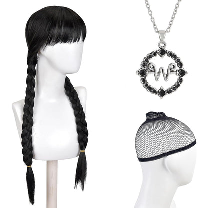 Mittwoch Cosplay Perücke mit Halskette – Schwarz mit Pony