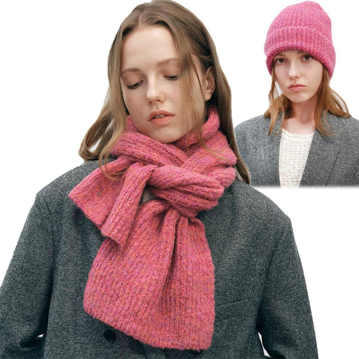 Wintermützen & Schal Set Damen Herren 2-teilig Strick Grobstrick Rosa