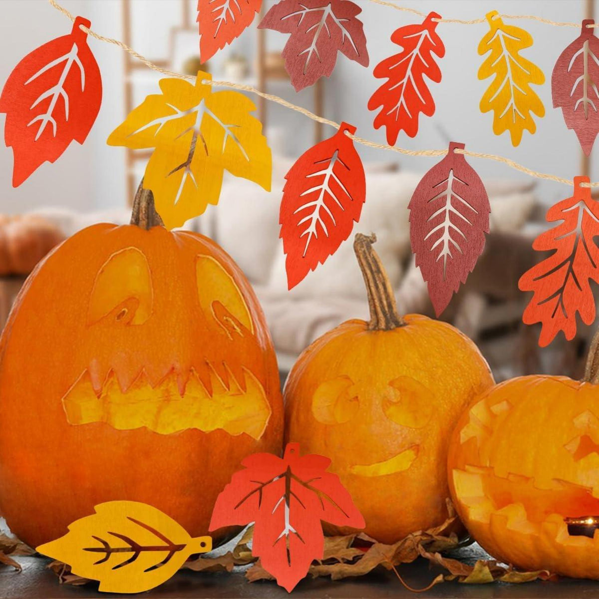 Herbst Girlande Ahornblatt Holzperlen Set 16tlg. Herbstdeko Fenster Hängend