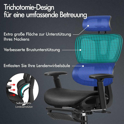 Ergonomischer Bürostuhl mit Lordosenstütze, Kopfstütze, Armlehne