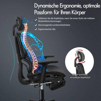 Ergonomischer Bürostuhl mit Lordosenstütze und Kopfstütze - Schwarz