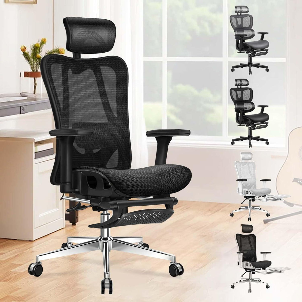 Ergonomischer Bürostuhl mit verstellbarer Lordosenstütze, Kopfstütze