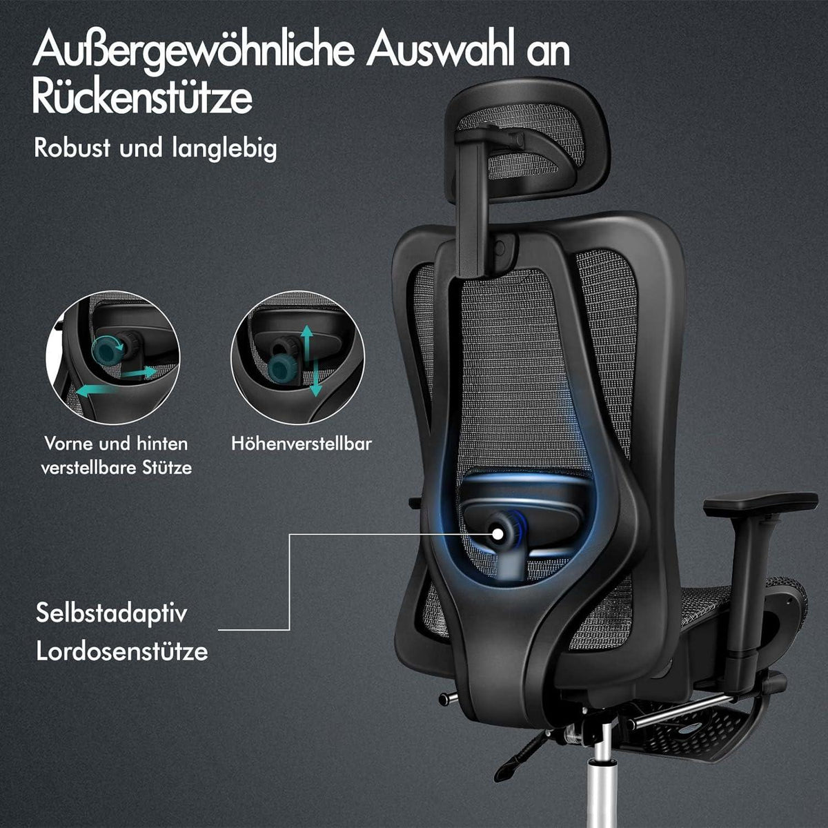 Ergonomischer Bürostuhl mit verstellbarer Lordosenstütze, Kopfstütze