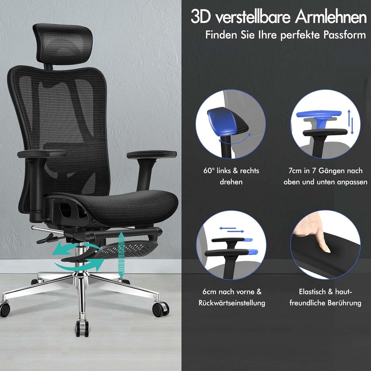 ALFORDSON Ergonomischer Bürostuhl Schwarz Drehstuhl Netzstuhl Lordosenstütze 180
