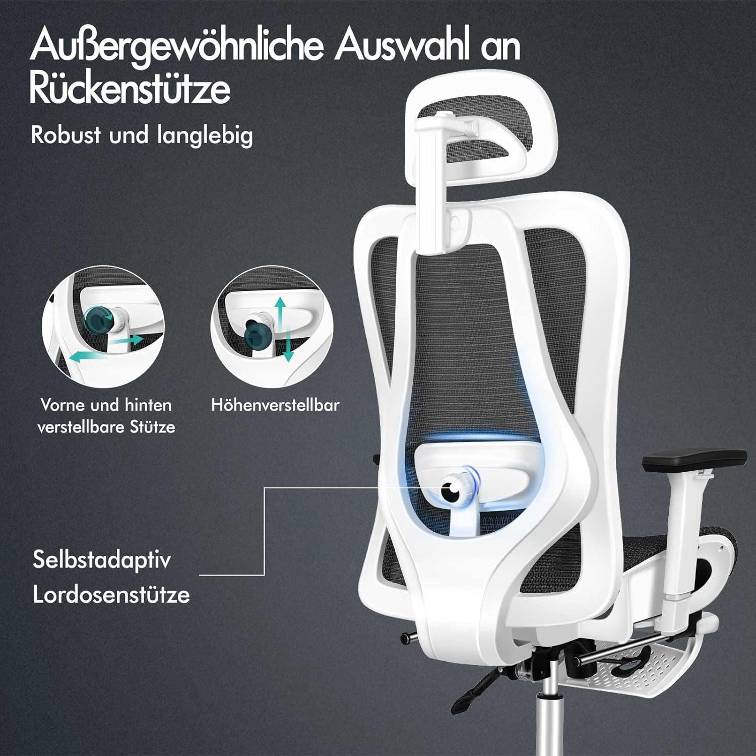 Ergonomischer Bürostuhl mit Lordosenstütze und Kopfstütze, Schwarz