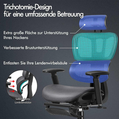 Ergonomischer Bürostuhl mit Lordosenstütze und Kopfstütze