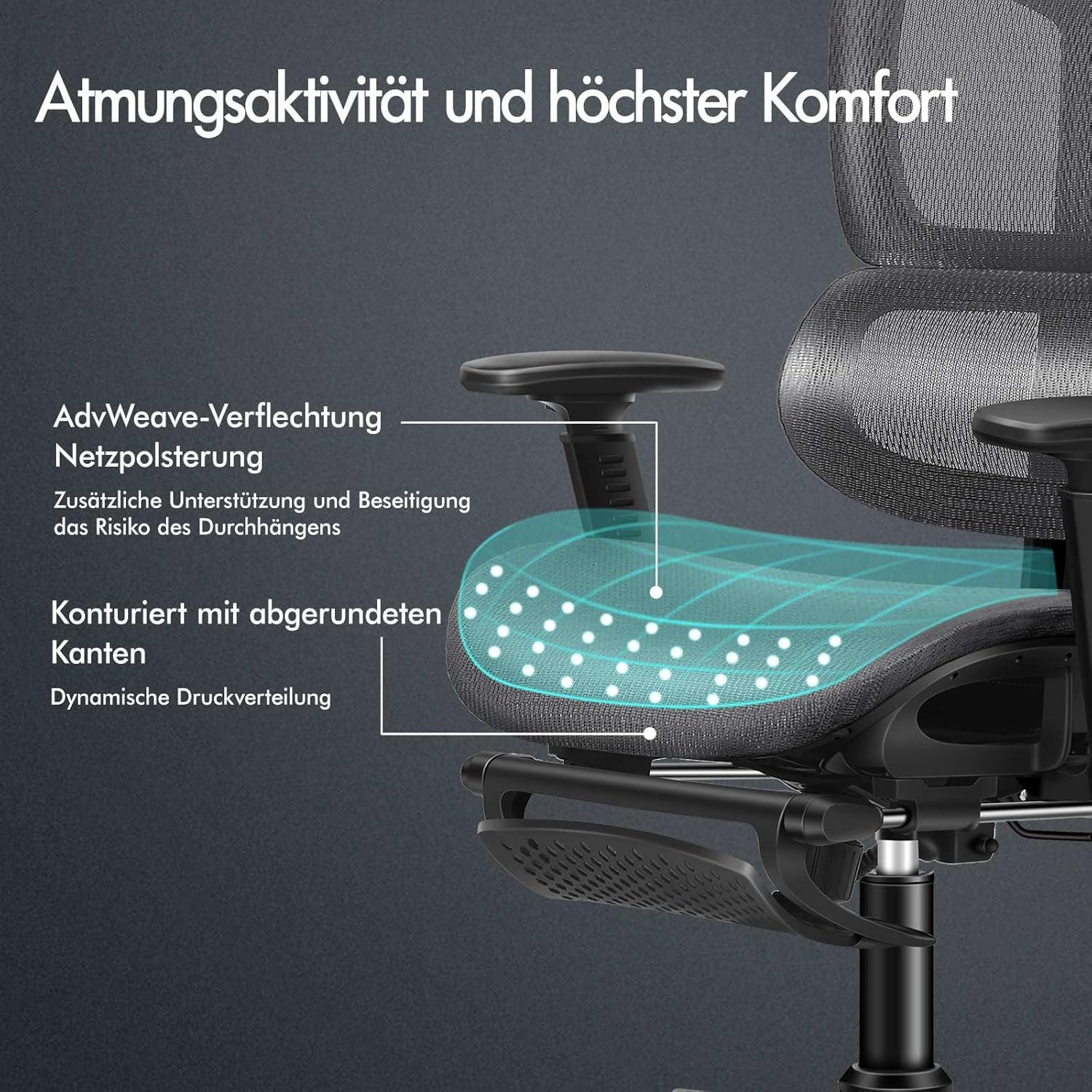 Ergonomischer Bürostuhl mit verstellbarer Lordosenstütze, Kopfstütze