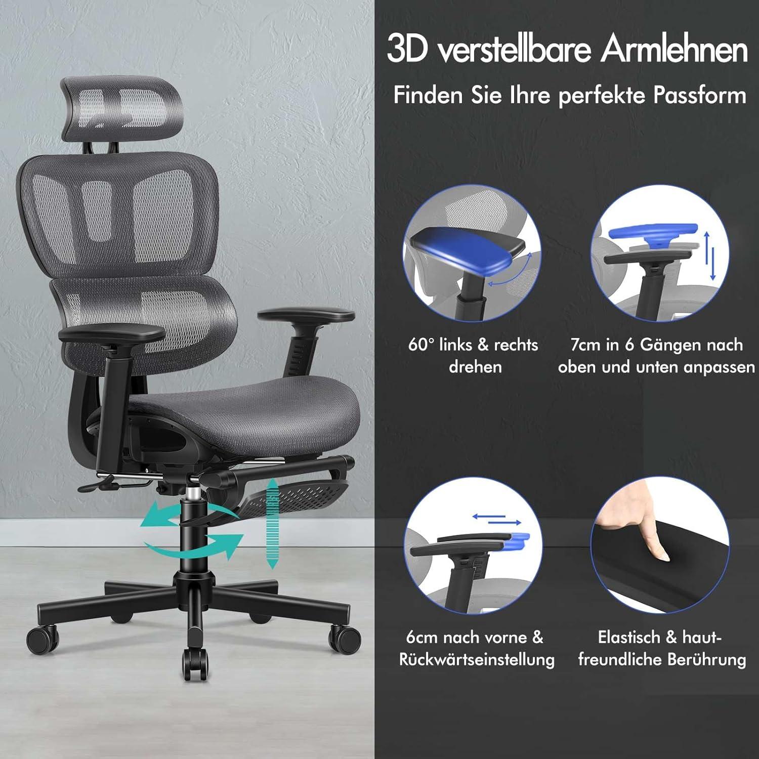 Ergonomischer Bürostuhl ALFORDSON mit 3D-Armlehne, Wippfunktion, bis 180 kg Grau