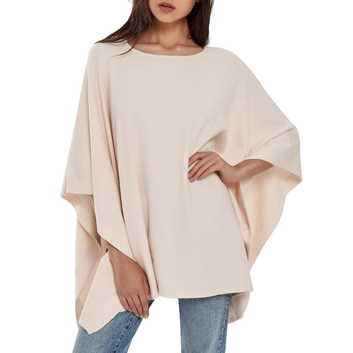 Damen Poncho Elegant Strick Beżowy – Lockerer Pullover-Poncho