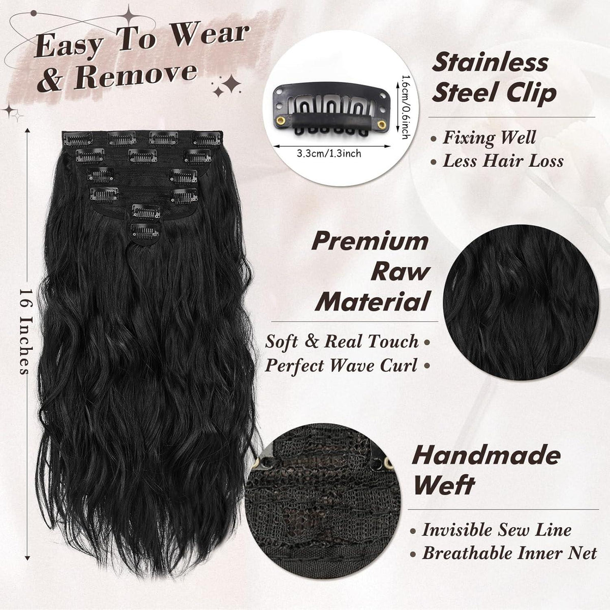 Schwarze Clip-In Extensions, 40cm Beach-Wave Haarverlängerungen