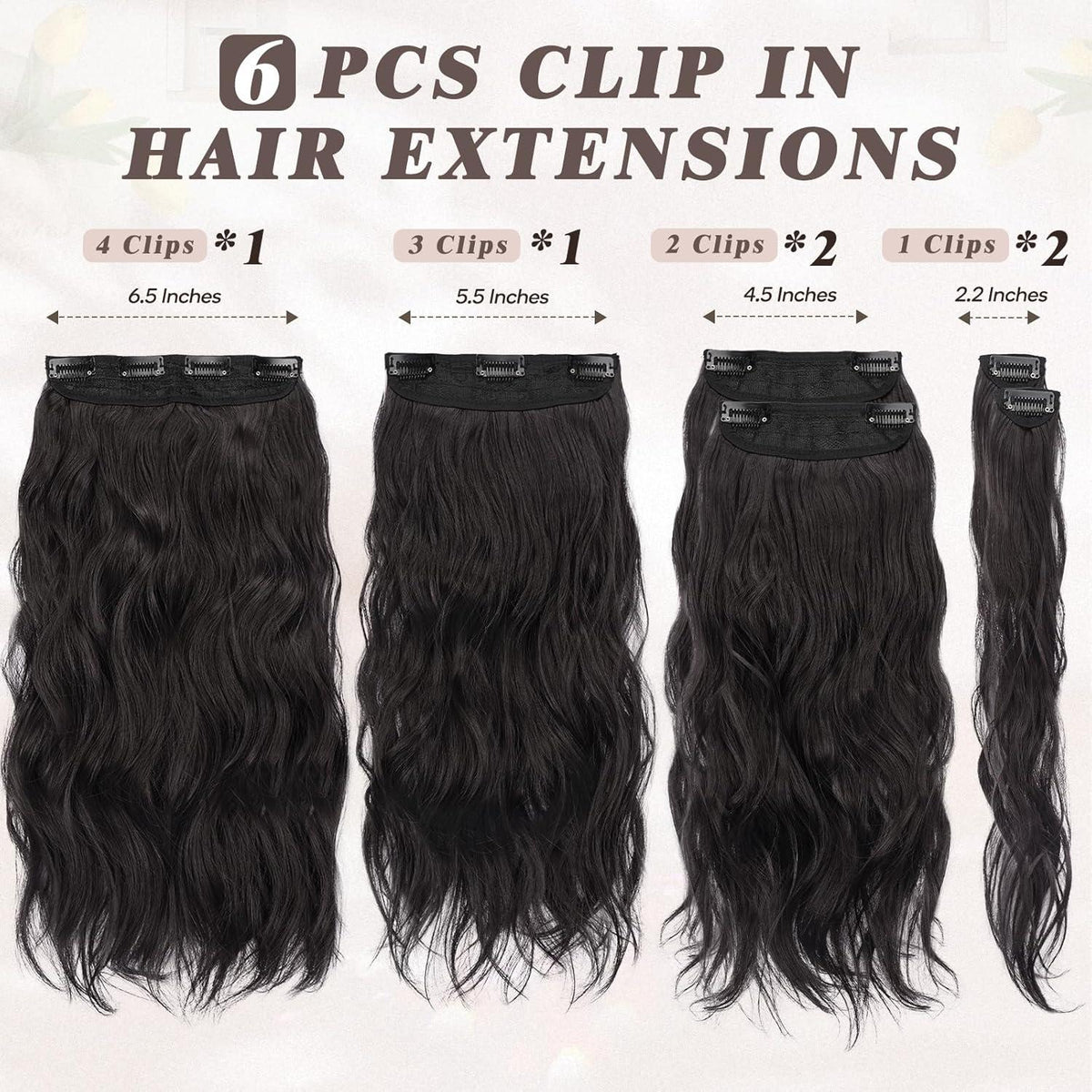 Clip in Extensions Schwarz Braun 40CM Wellige