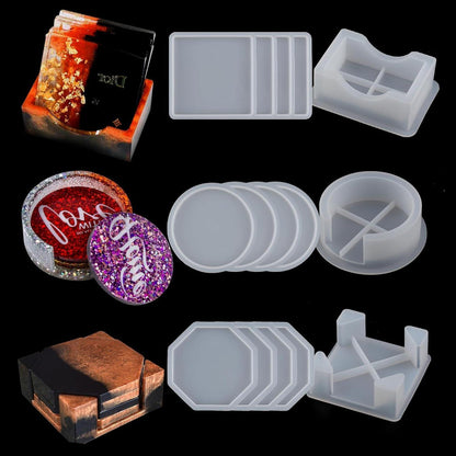 Silikonform Set für Harz Untersetzer – 15 Stück, Rund, Quadrat, Achteck