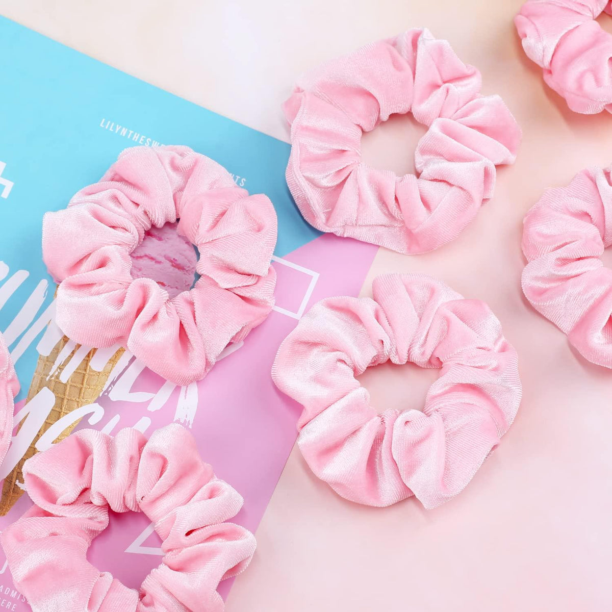 12er Set hochwertige rosa Samt-Haargummis für Damen und Mädchen