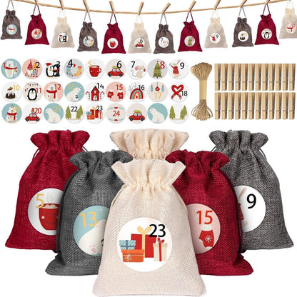 Adventskalender zum Befüllen Stoff 24 Weihnachtsaufkleber & Klammern