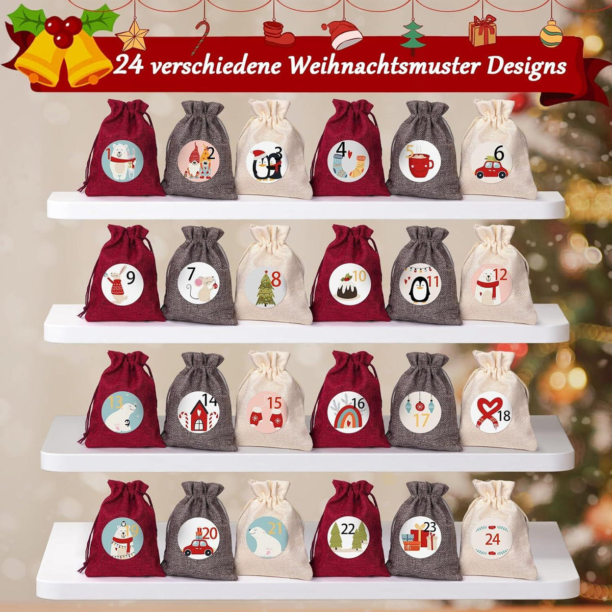 Kiaitre Adventskalender zum Befüllen Stoff 24 Jutesäckchen