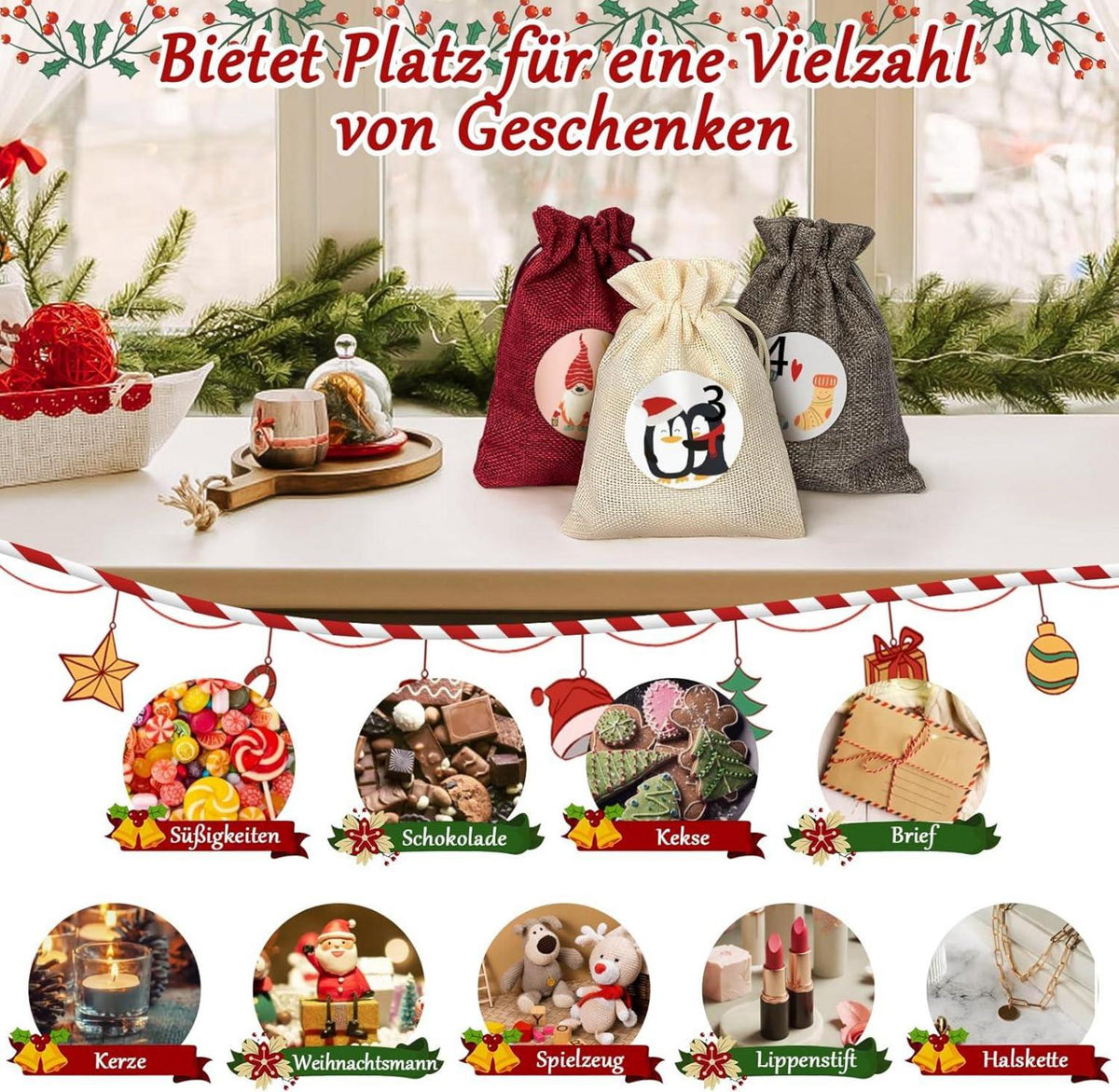 Kiaitre Adventskalender zum Befüllen Stoff 24 Weihnachtskalender 12x16cm