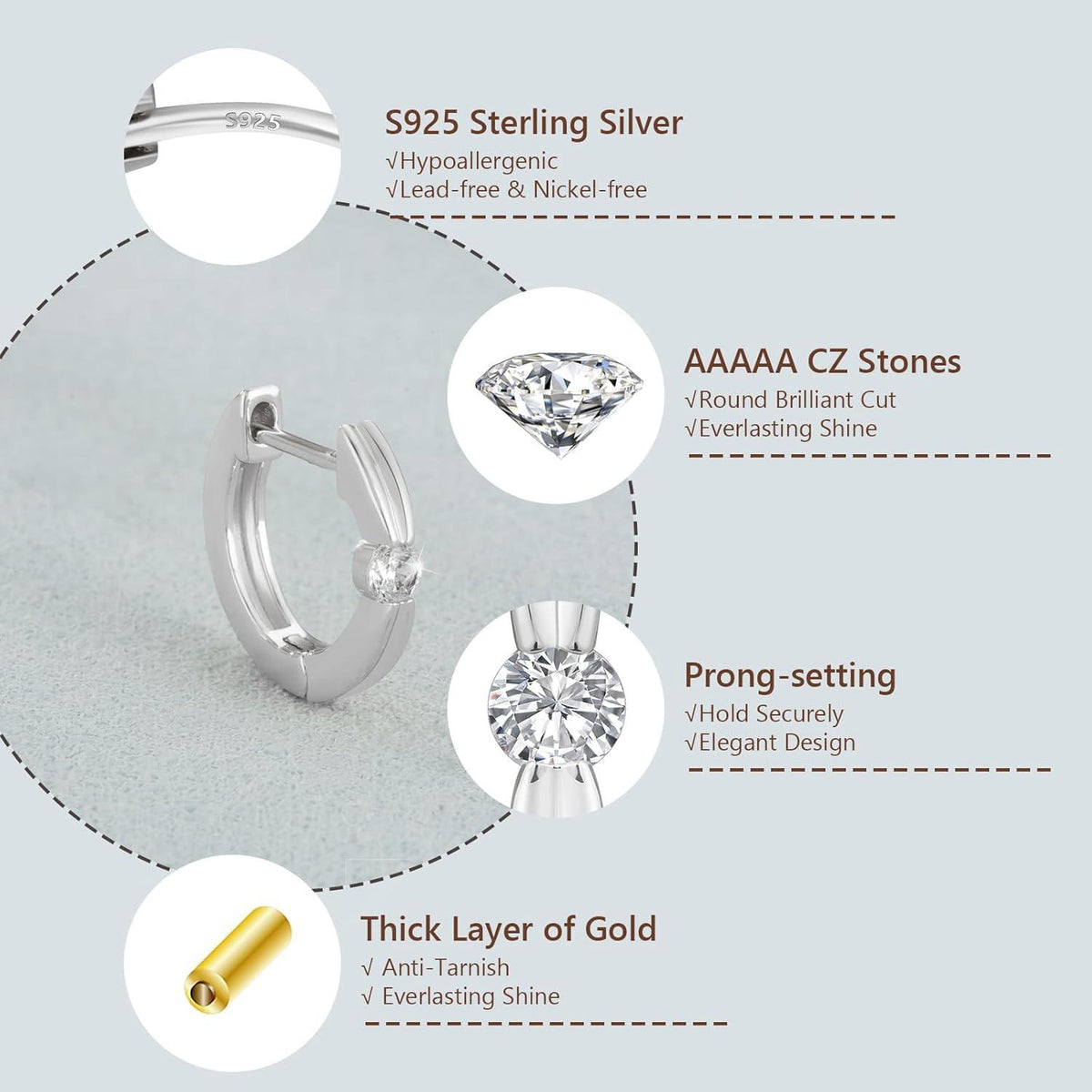 Silber 925 Creolen Damen mit Zirkonia Stein Huggies 15mm