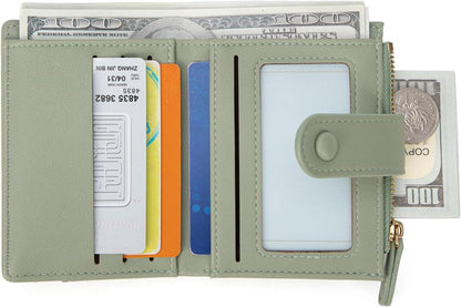 Damen Geldbörse Klein Leder Bifold Portemonnaie Grün Mehreren Fächern