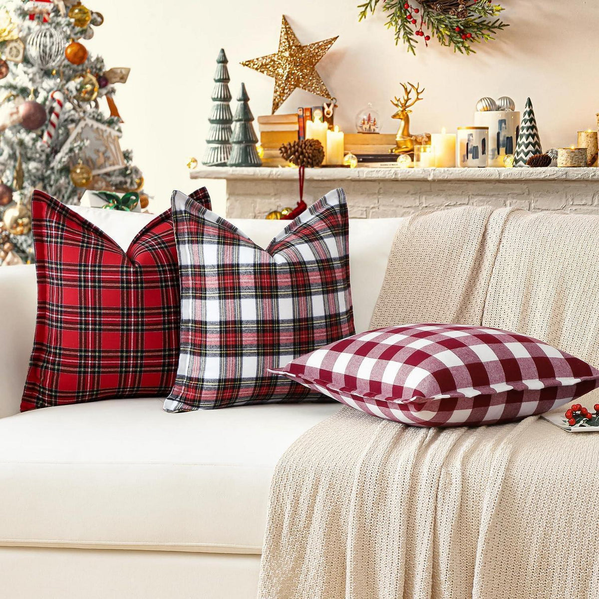 Weihnachtliche Tartan Kissenbezüge 2er Set Rot Weiß 40x40cm