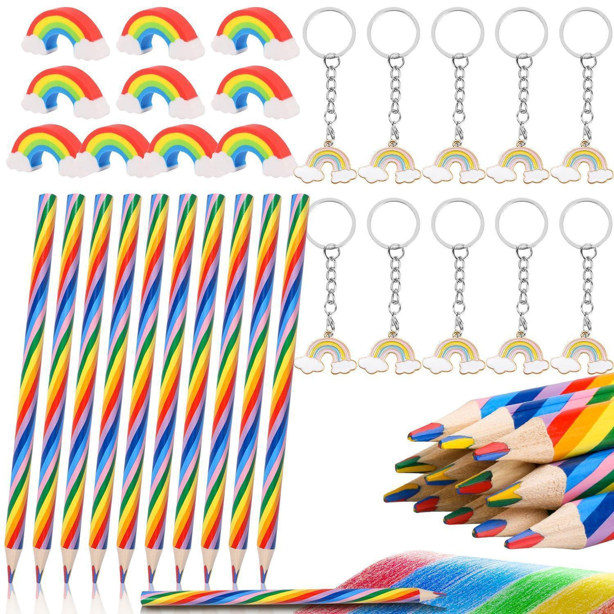 Regenbogen Stift Set 36tlg. mit Radiergummis & Schlüsselanhänger