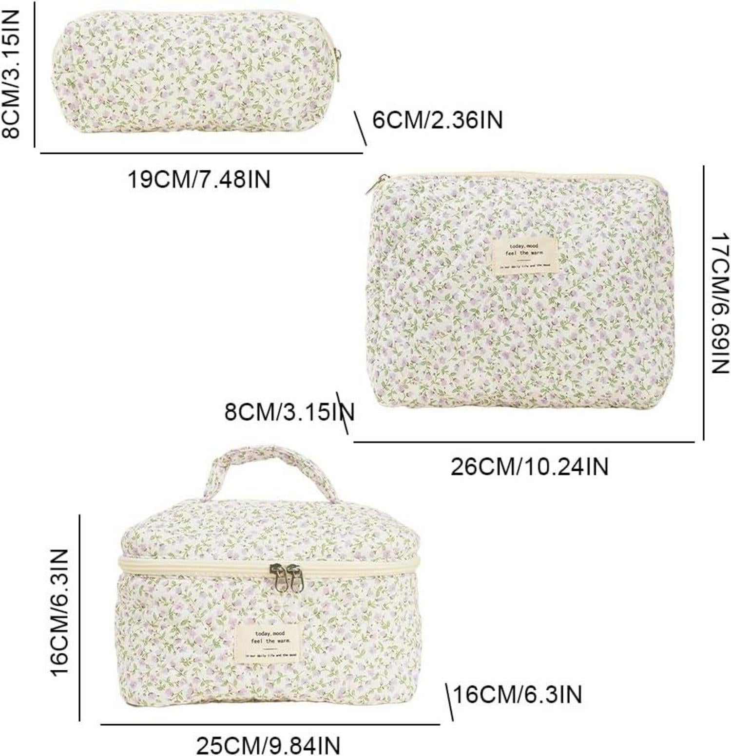 3-teiliges Aesthetic Baumwolle Kosmetiktasche Set Blumen Reise Make-up Bag