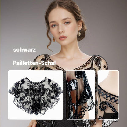 20er Jahre Schal mit Pailletten, Abendumhang Schwarz