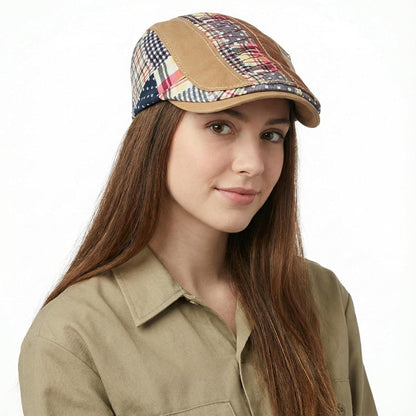 Herren Patchwork Flatcap Vintage Newsboy Cap Beige M-L