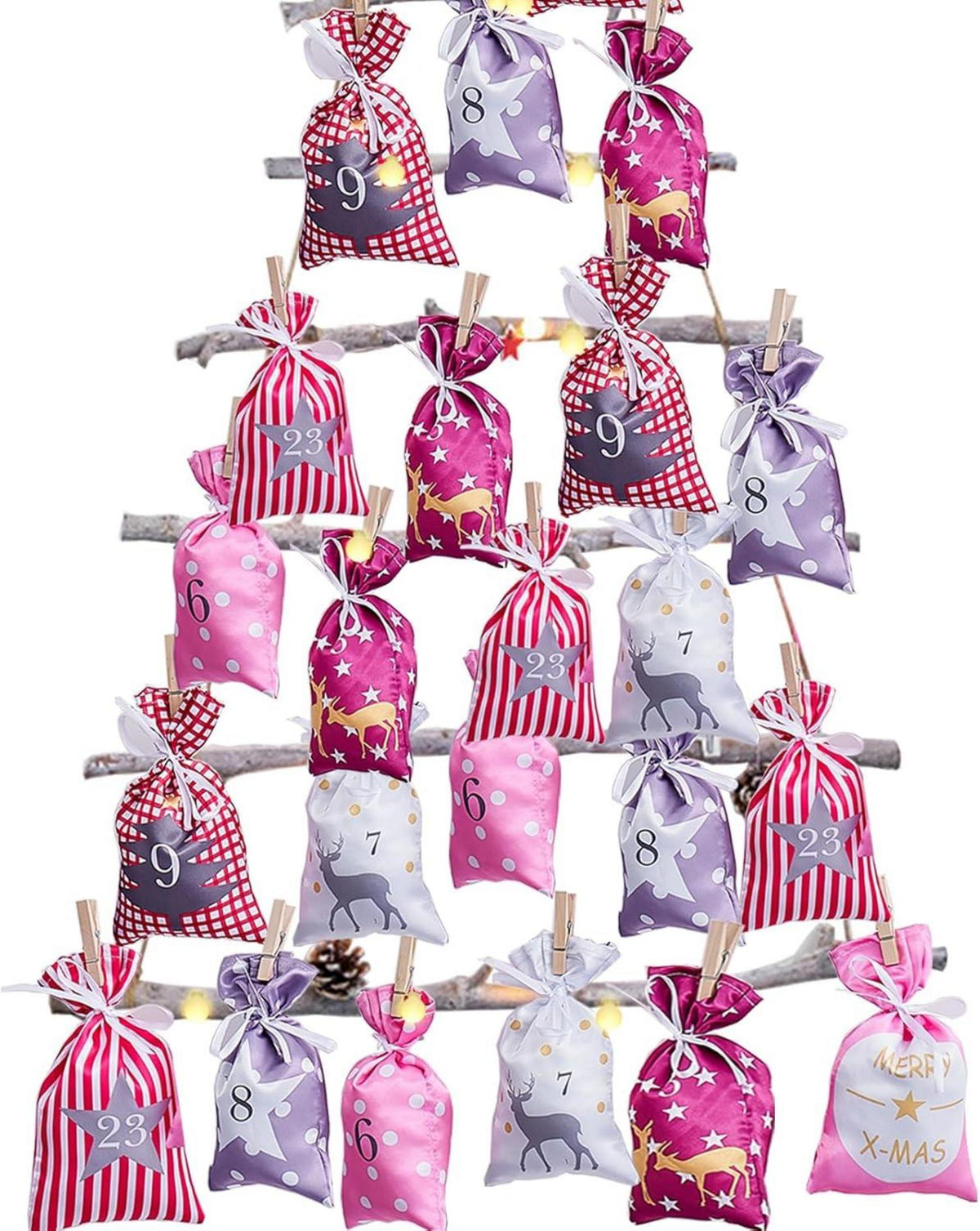 Adventskalender Weihnachtsmotiv 24 Brillante Stoffbeutel zum Befüllen