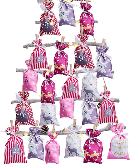 Adventskalender Weihnachtsmotiv 24 Brillante Stoffbeutel zum Befüllen