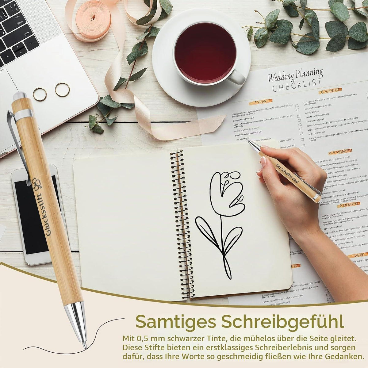 12 Holz Kugelschreiber mit Motivationssprüchen – Geschenkset