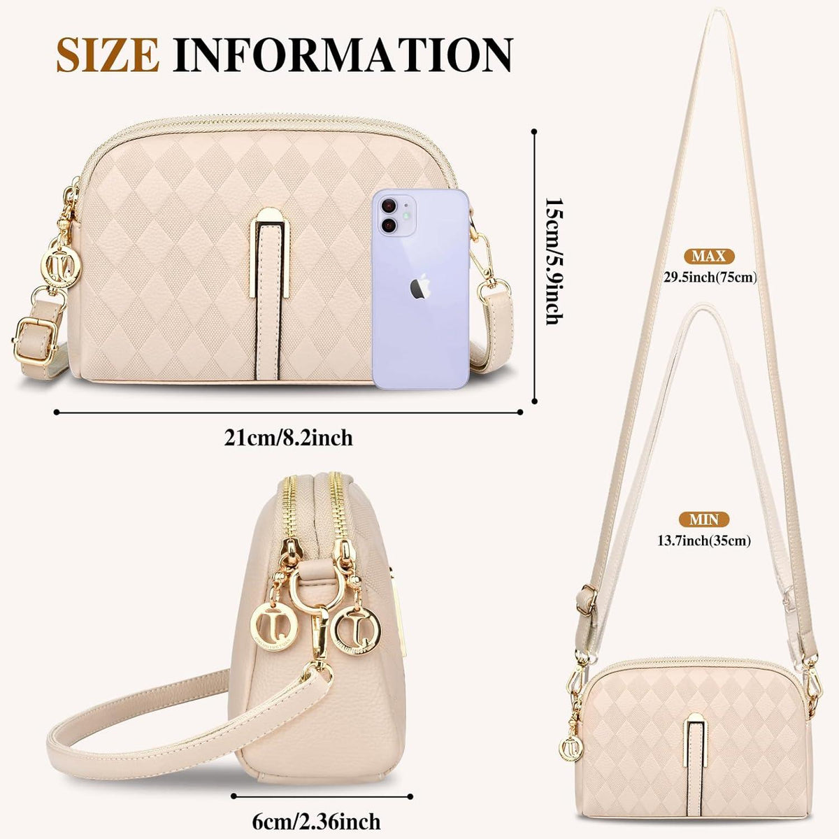 TEUEN Damen Umhängetasche Leder Crossbody Schultertasche Apricot