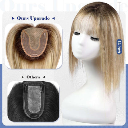 Echthaar Haarteil mit Pony, Ombré Braun Blond, 14 Zoll