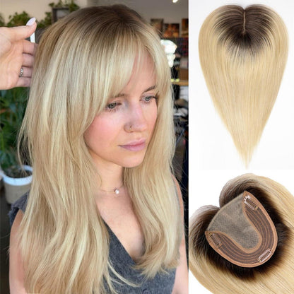 Echthaar Haarteil mit Pony, Ombré Hellblond, 14 Zoll