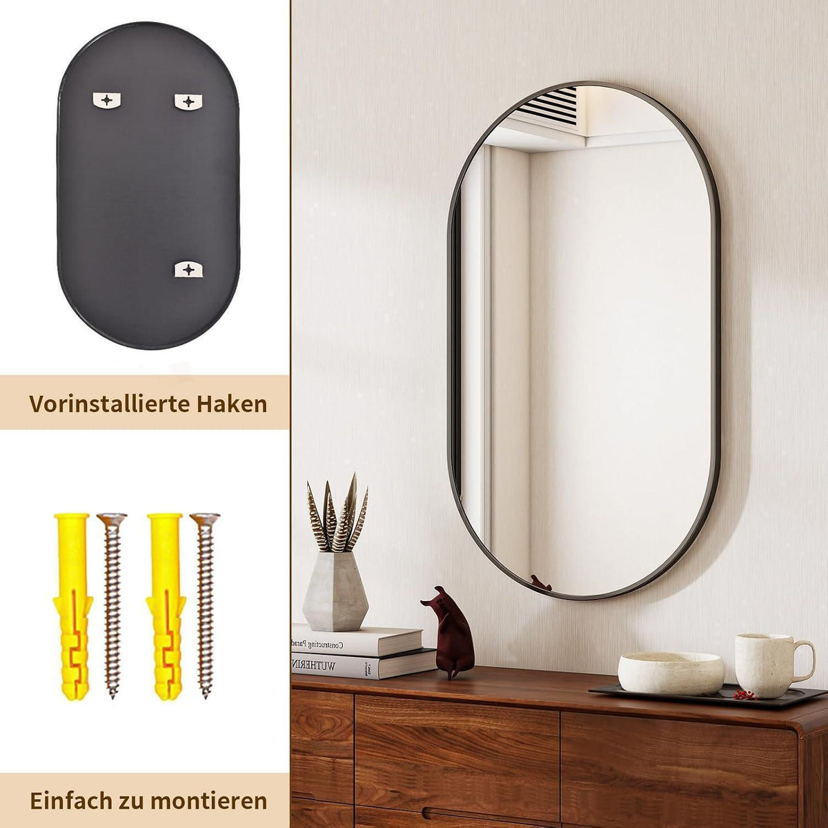 Ovaler Wandspiegel 43x76cm – Gehärtetes Glas, Schwarz