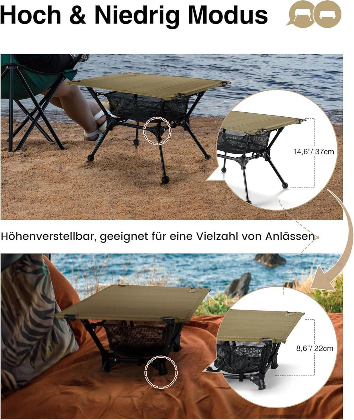 Klappbarer Campingtisch mit Tragetasche und Netztasche, 60 x 40 x 37 cm