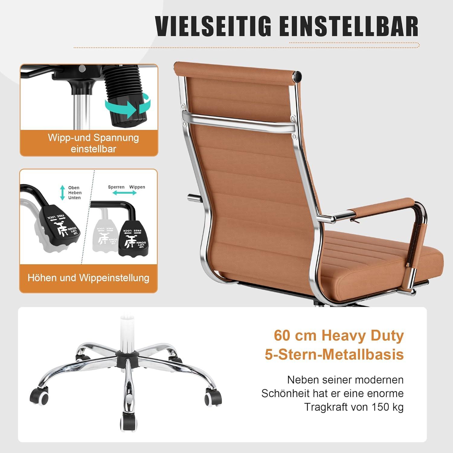 Bürostuhl Ergonomisch Wippfunktion höhenverstellbar belastbar bis 150 kg Braun