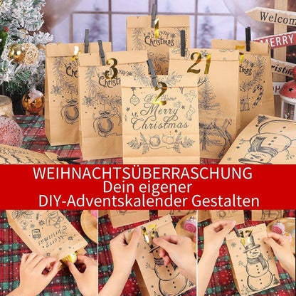Adventskalender zum Befüllen 2026, Braun, 24 Tüten mit