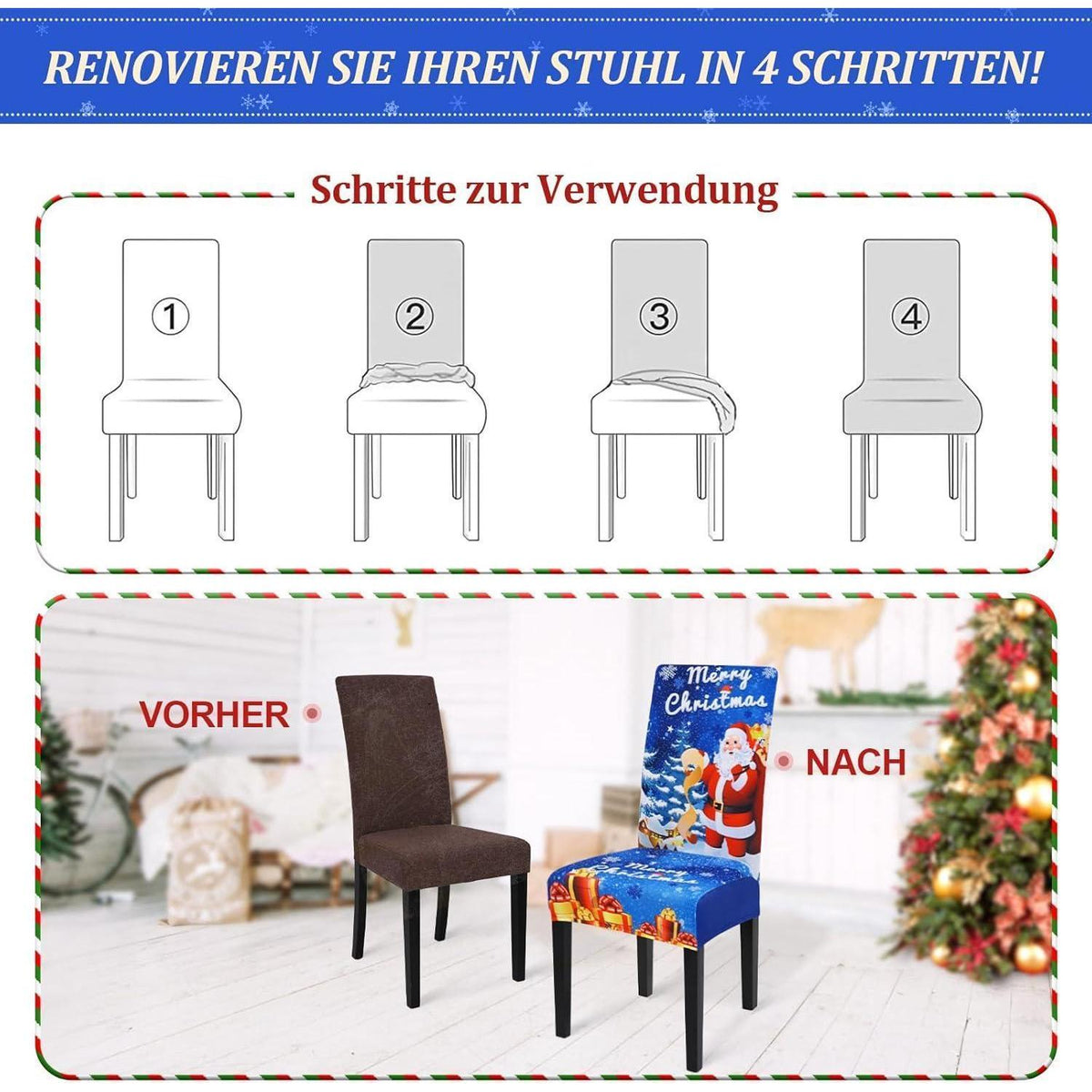 Stretch Stuhlhussen 6er Set | Weihnachten | Blau | Esszimmer & Party
