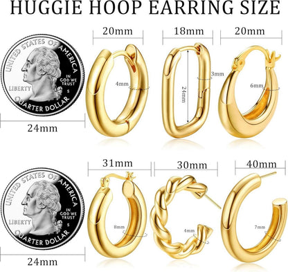 6 Paar Goldene Creolen Ohrringe Set 14K Vergoldet