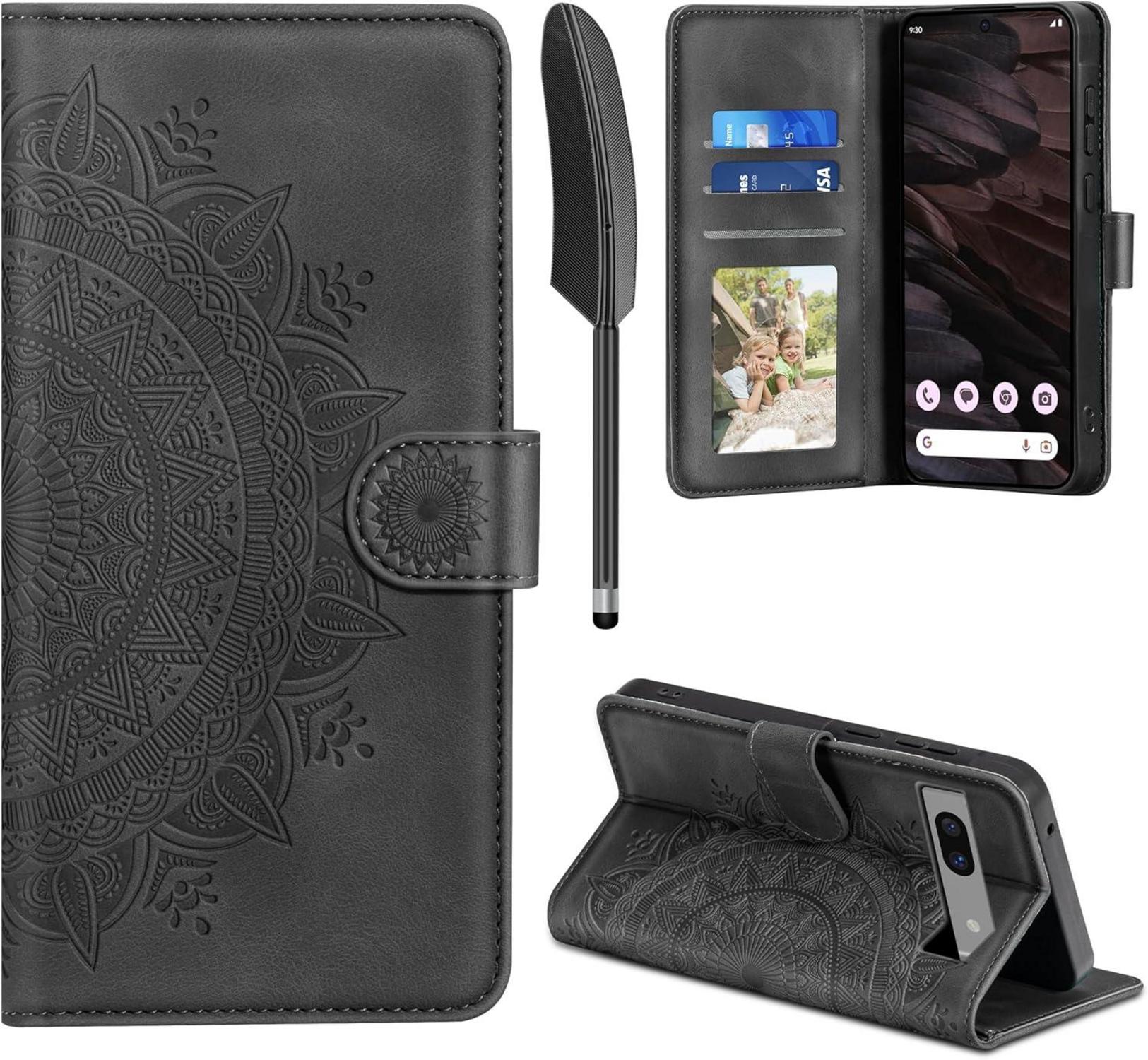 Google Pixel 7A Lederhülle Wallet Case Schwarz Magnet Standfunktion
