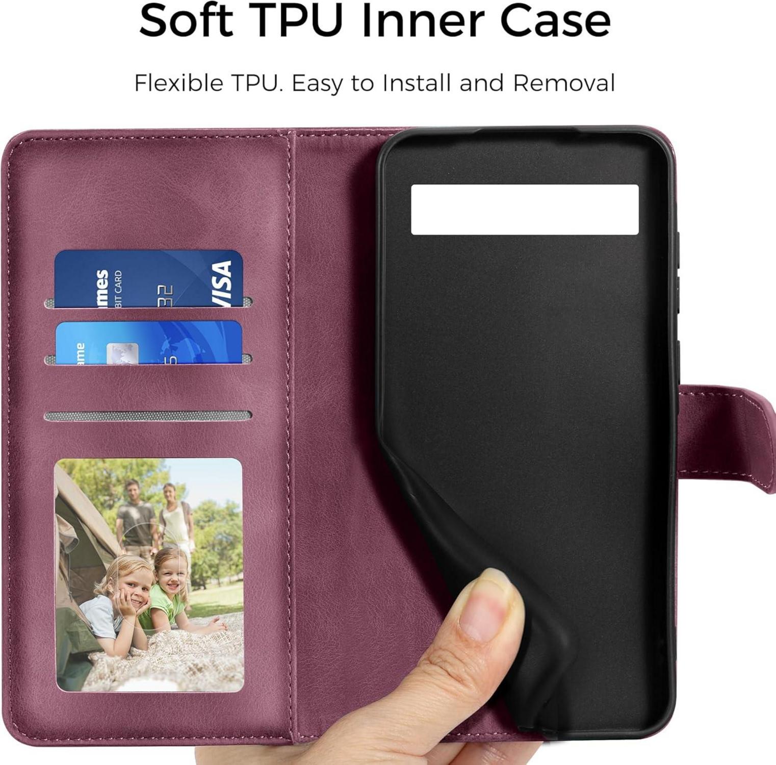 Lederhülle Wallet Case für Google Pixel 7A - Weinrot Standfunktion
