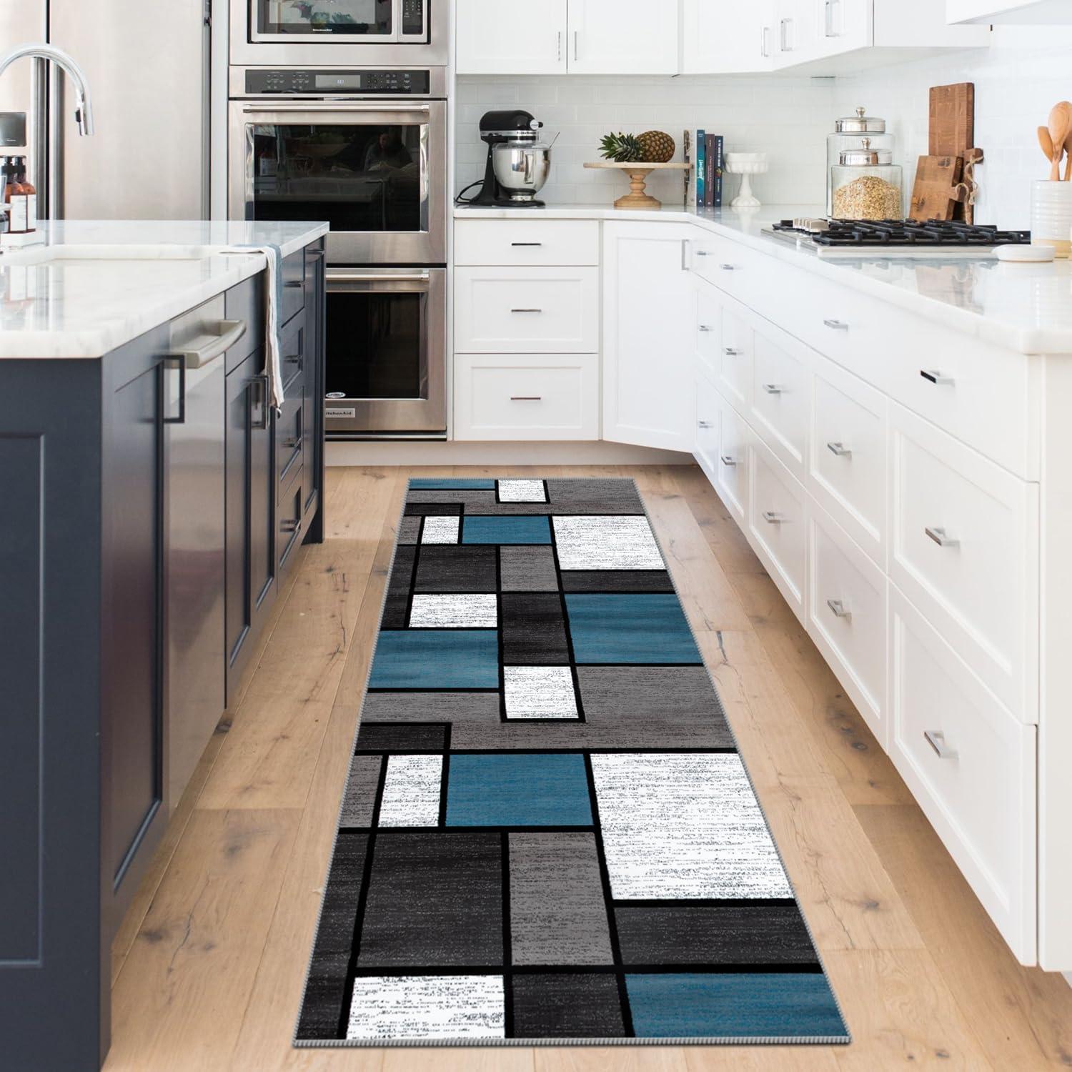 Rutschfester Teppichläufer 60x180 cm Blau Kariert, Waschbar, Modern