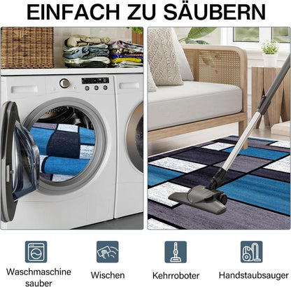 Teppichläufer rutschfest 60x180cm Blau Kariert, Waschbar, Modern