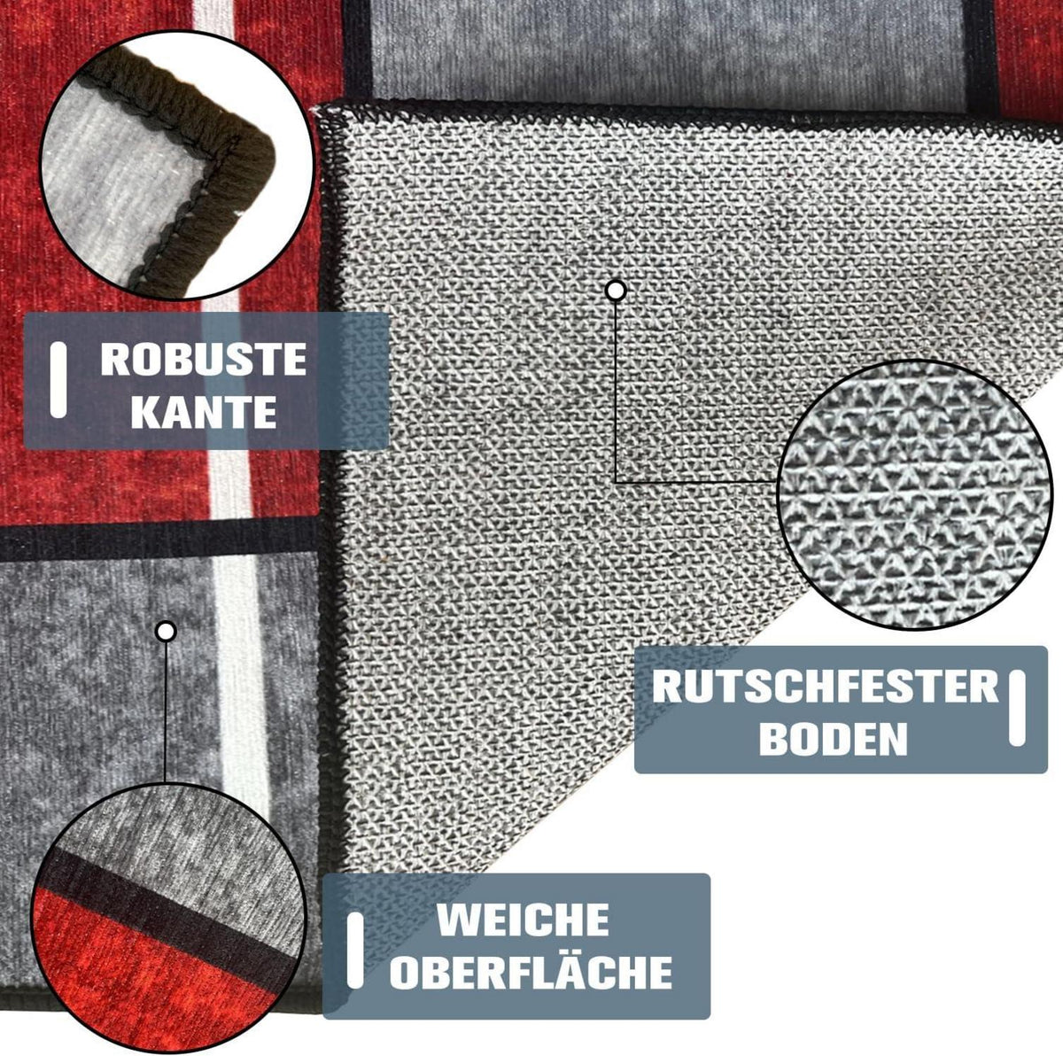Rutschfester Teppich Läufer 80x120cm Waschbar Rot Kariert