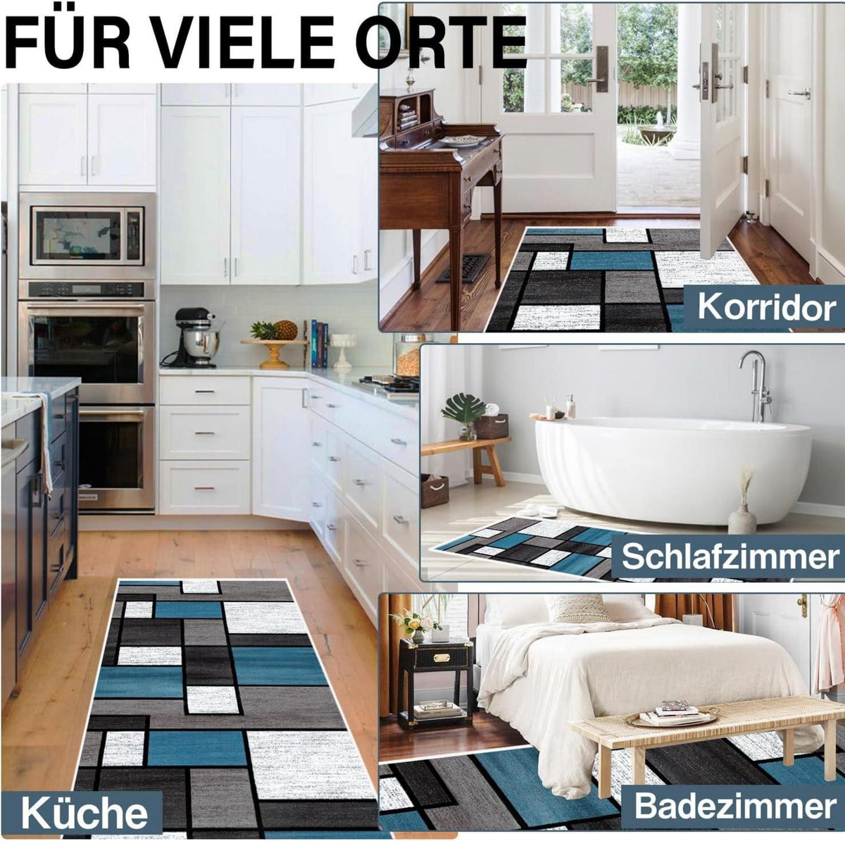 Teppich Läufer Flur 60x200cm Blau rutschfest waschbar Modern