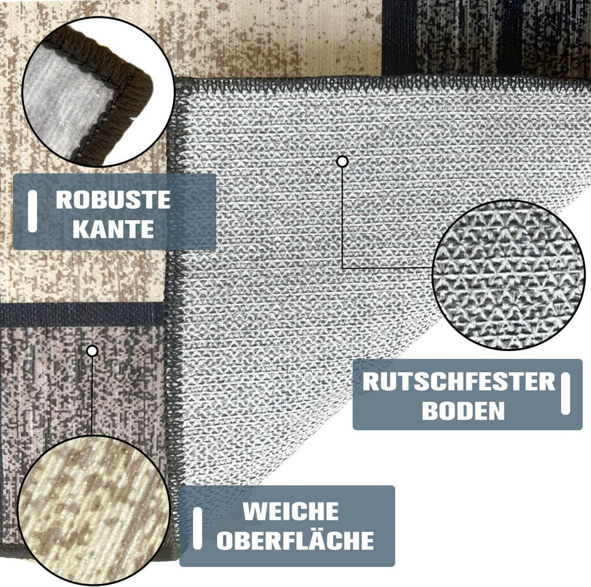 Rutschfester Flurteppich 80x120cm Waschbar Modern Beige Kariert