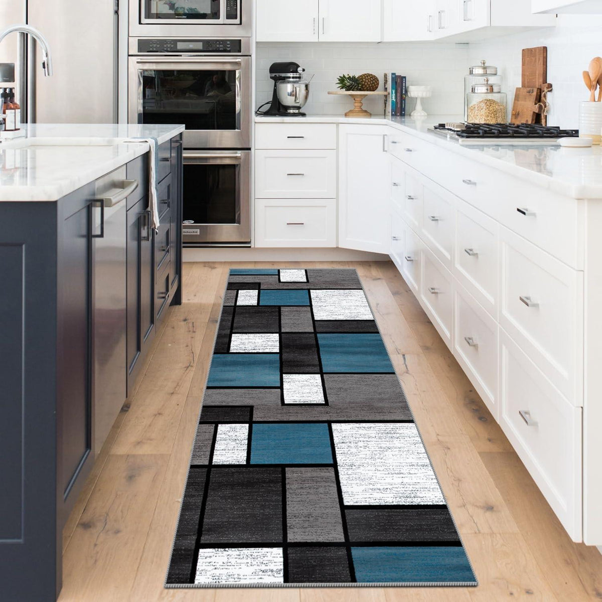Teppich Läufer Flur rutschfest waschbar Geometrie Design Blau Kariert