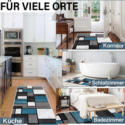 Teppich Läufer Flur 80x150cm Blau Modern Geometrie Waschbar